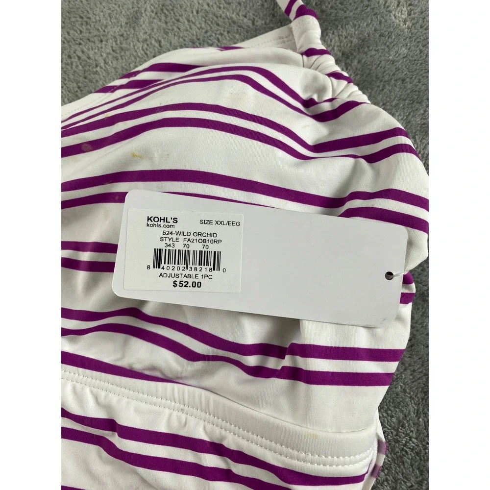 Freshwater Womens XXL One Piece Swimsuit Purple White Striped‎ Halter Ruched New